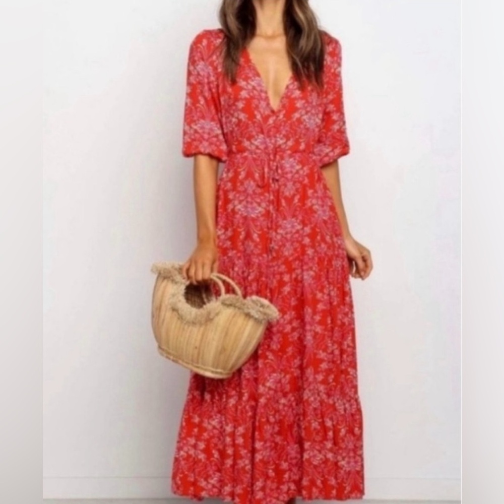 Anthropologie Abel The Label Strawberry Kiss Boho Tiered Maxi Dress